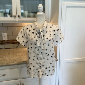 Canapé White & Black Linen Bow Blouse Novelty Print Flowers Size Medium